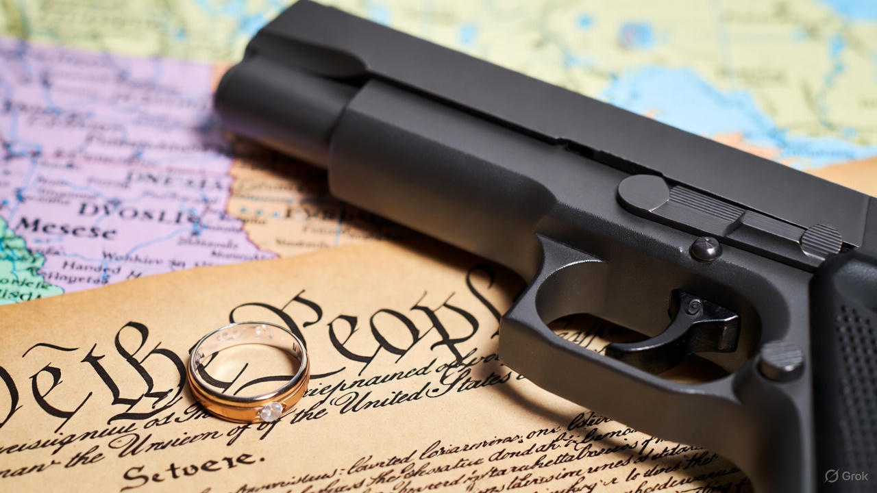 (Featured image: A symbolic tableau of constitutional principles—a wedding ring beside a holstered sidearm, overlaid on a map of the United States—reminding us that fundamental rights know no borders.)